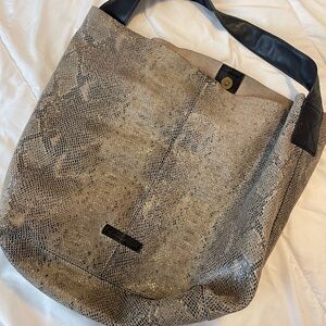 Textured Metallic Taupe Snake-Print Hobo Bag with Black Strap